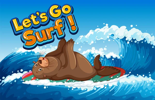 Sea lion on surfboard in the ocean illustration