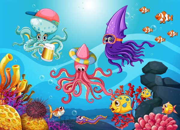 Squid and octopus in the ocean illustration