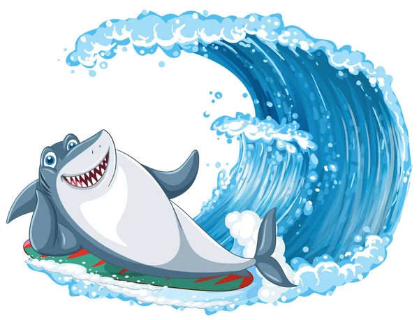 Tiburón Lindo Surfeando Sobre Fondo Blanco Ilustración — Vector de stock