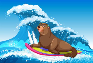 Sea lion on surfboard in the ocean illustration