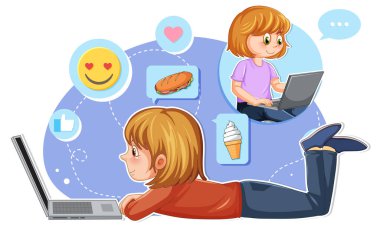 A girl using laptop for online learning illustration