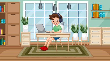 A boy browsing internet on laptop illustration