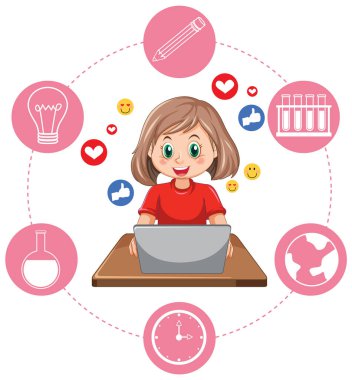 A girl using smartphone for online learning illustration