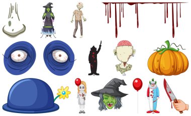 Set of horror halloween objects and cartoon characters illustration