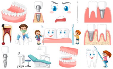 Set of dental equipments and cartoon characters illustration