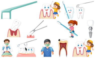 Set of dental equipments and cartoon characters illustration