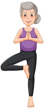 Yaşlı kadın yoga illüstrasyonu yapıyor.
