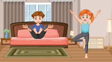 Çiftin yoga yaptığı yatak odası sahnesi.