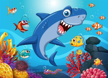 Funny shark with sea animals in the ocean illustration