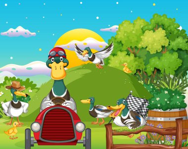 Outdoor scene with cartoon ducks illustration