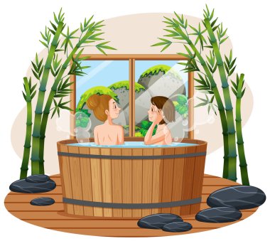 Tahta jakuzi spa resimli kadın.