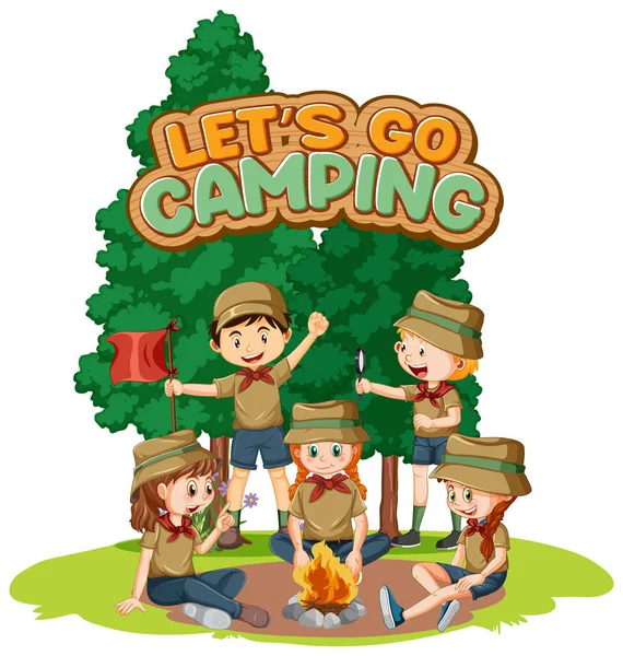 Kemping Dla Dzieci Projekt Tekstu Dla Słowa Chodźmy Camping Ilustracja — Wektor stockowy
