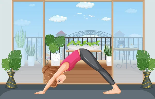 Femme Faisant Yoga Maison Illustration — Image vectorielle
