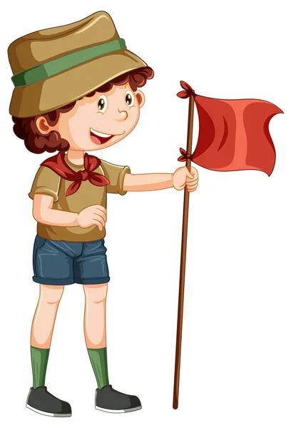 Camping Αγόρι Κρατώντας Σημαία Εικονογράφηση — Διανυσματικό Αρχείο