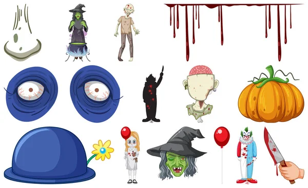 Set Horror Halloween Objects Cartoon Characters Illustration — 图库矢量图片