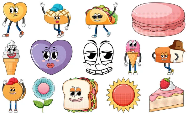 Set Objects Foods Cartoon Characters Illustration — Stockvector