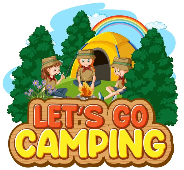 Camping Bambini Design Del Testo Parola Andiamo Campeggio Illustrazione — Vettoriale Stock