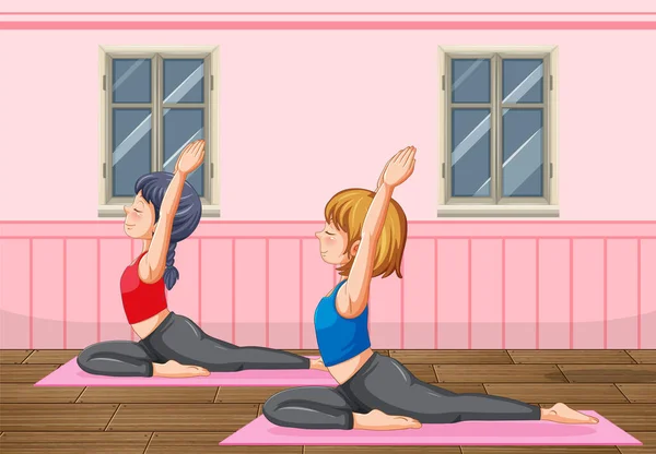 Women Doing Yoga Home Illustration — Stock Vector