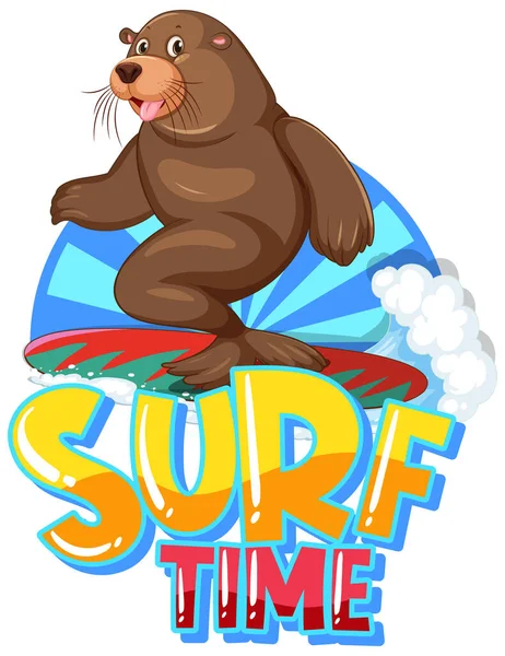 Sea Lion Cartoon Character Surf Time Word Illustration — Vettoriale Stock