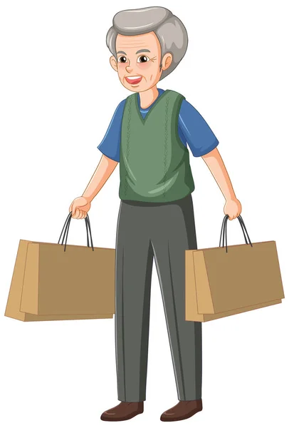 Personaje Dibujos Animados Senior Masculino Llevar Ilustración Bolsa Compras — Archivo Imágenes Vectoriales