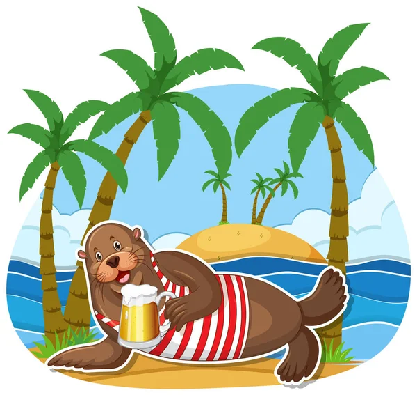 Sea Lion Cartoon Character Beach Illustration — Vettoriale Stock