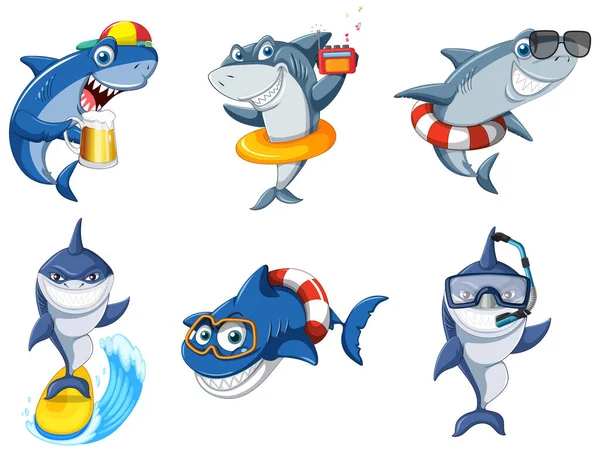 Different Sharks Summer Beach Illustration — Wektor stockowy