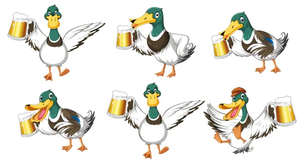 Conjunto Patos Diferentes Segurando Copos Cerveja Ilustração — Vetor de Stock