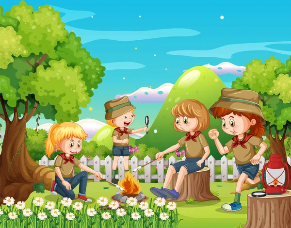 Enfants Scouts Faisant Activité Illustration Extérieure — Image vectorielle