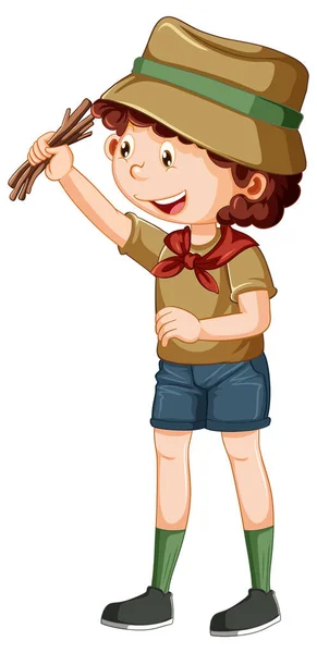 露营男孩拿着木柴插图 — 图库矢量图片