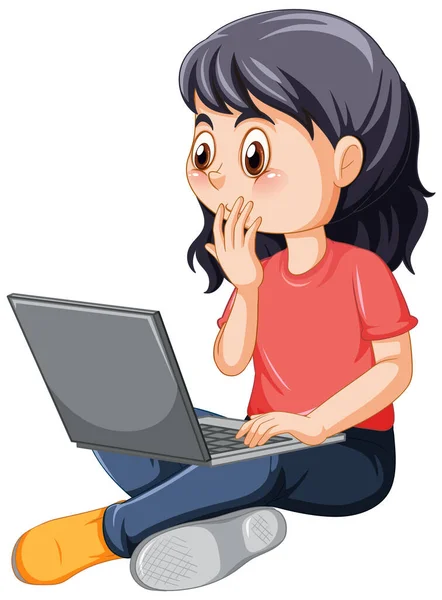 Girl Using Laptop Cartoon Illustration —  Vetores de Stock