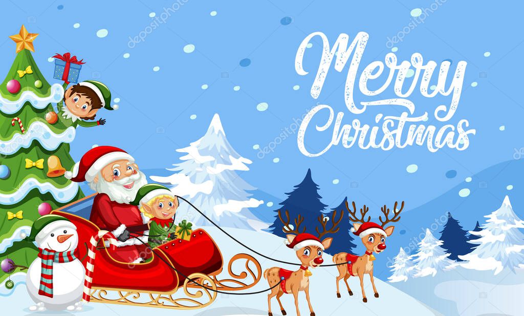 Merry Christmas banner design with Santa Claus on sleigh illustration