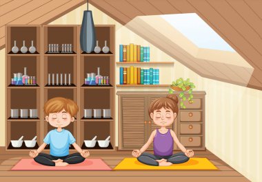 Evde yoga yapan çift.