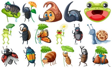 Set of various insects and amphibians cartoon illustration