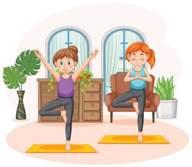 Kadınlar evde yoga yapıyor.
