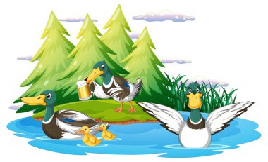 Happy duck group in nature scene illustration
