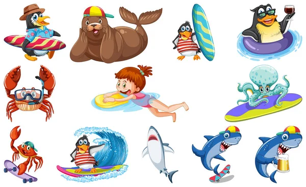 Set Various Sea Animals Cartoon Characters Illustration — Stockvektor