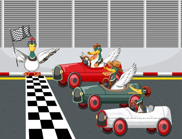 Soap Box Derby Race Ducks Cartoon Character Illustration — Stockový vektor
