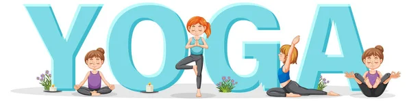 Mensen Die Yoga Beoefenen Met Tekstillustratie — Stockvector