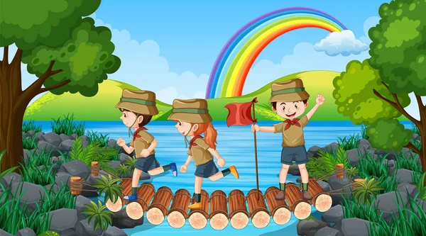 Scout Niños Senderismo Bosque Ilustración — Archivo Imágenes Vectoriales