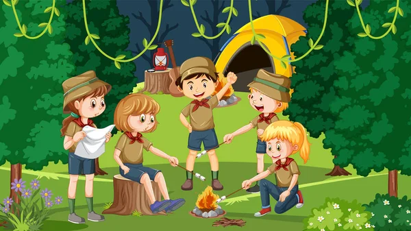 Campeggio All Aperto Con Illustrazione Bambini Scout — Vettoriale Stock