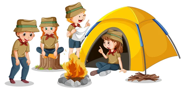 Camping Παιδιά Εικονογράφηση Στυλ Κινουμένων Σχεδίων — Διανυσματικό Αρχείο