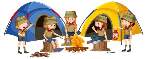 Acampamento Livre Com Scout Crianças Ilustração — Vetor de Stock