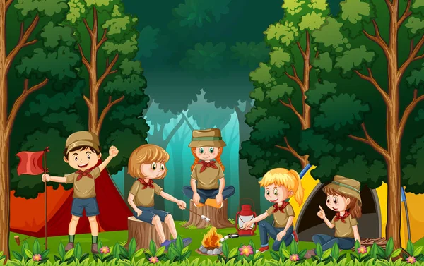 Outdoor Camping Met Scout Kinderen Illustratie — Stockvector