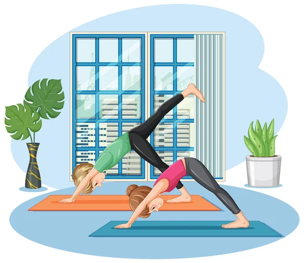 Couple Pratiquant Yoga Maison Illustration — Image vectorielle