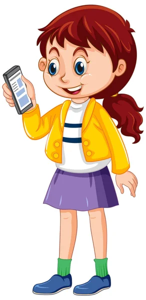 Dziewczyna Kreskówek Gospodarstwa Smartphone Ilustracja — Wektor stockowy