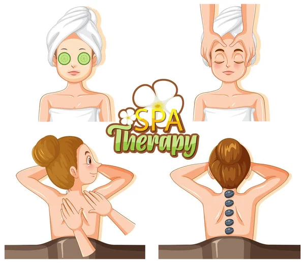Spa Therapy Text Women Character Illustration — Stock Vector