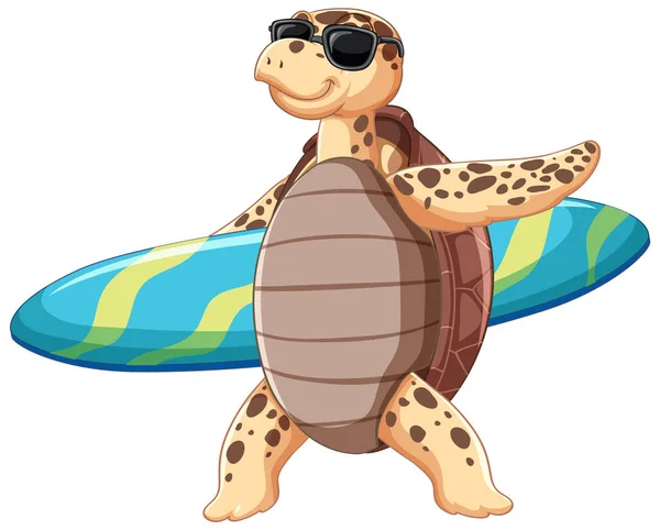 Personagem Desenho Animado Bonito Tartaruga Usando Óculos Sol Segurando Prancha — Vetor de Stock