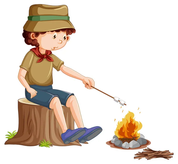 Scout Jongen Roosteren Marshmallow Illustratie — Stockvector