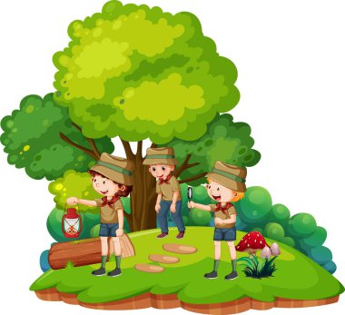 Park illüstrasyonunda kamp yapan mutlu çocuklar.