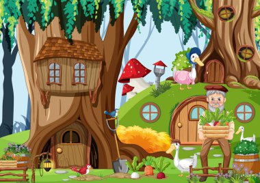 Çiftçi ve çiftlik hayvanları orman sahnesinde.